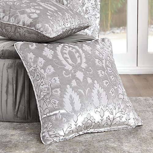 Curtina - Silbernes Damastkissen (43 x 43 cm) - Silbernes Samtkissen - Luxuskissen für Schlafzimmer & Wohnzimmer - Silbernes Blumenkissen - Kisseneinsätze mit Bezügen im Lieferumfang enthalten