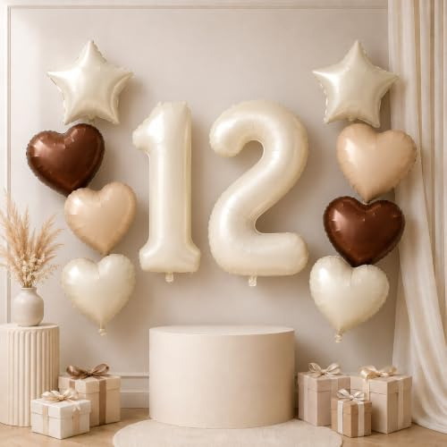 Folienballon 12. Geburtstag Deko, 40'' Creme Beige Zahl 12 Luftballons, Nude 12 Ballon Kaffee Braun Aprikose Helium Neutraler Stern Herz Ballons für Mädchen Geburtstagsdeko Hochzeit Party Dekoration