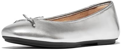 Fitflop Women's DELICATO Bow Soft Metallic-Leather Ballet Flats Shoe, Silver, 6 UK