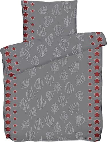 KH-Haushaltshandel Biber Winter Bettwäsche 135 x 200 + 80x80 cm, 100% Baumwolle, grau rot, Sterne/Blätter (P)