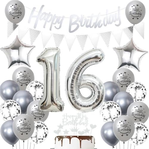 Silber 16 Geburtstag Luftballons, 16 Silber Geburtstagsdekoration , Ballon 16 Geburtstag Mädchen Junge, Silber Geburtstagsdeko 16 Jahre, Luftballon 16. Party Dekoration