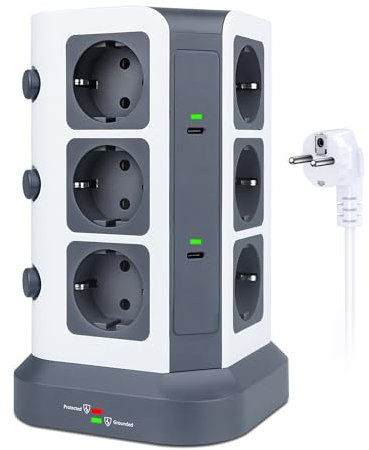 KOOSLA Multiprise avec 15W USB C Prise Multiple(3680W/16A), Multiprise Parafoudre et Surtension 1500J, 12 Prise Multiple avec Interrupteur, 2M, Gris foncé
