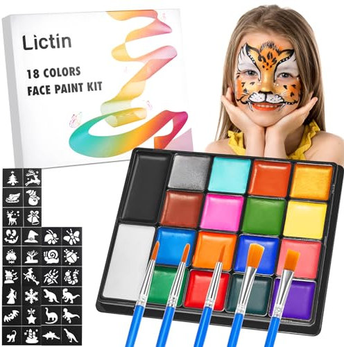 Lictin Truccabimbi Kit,Face Paint-18 Colori,Kit per La Pittura del Viso per Bambini,5 Pennelli Professionali,30 grafica per festa di Halloween, compleanno, Natale Paletta di bellezza,grande regalo
