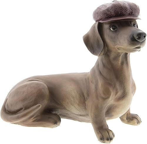 Generisch Figur Polyresin großer Dackel mit Mütze sitzend Dekofigur 35 cm lang - Landhausdeko - Figur Hund