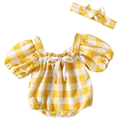 0 to 18 Months Infant Comfy Bodysuit Cute Baby Girls Short Sleeve Plaid Prints Romper Newborn Bodysuits Headbands Set (Yellow, 6-9 Months)