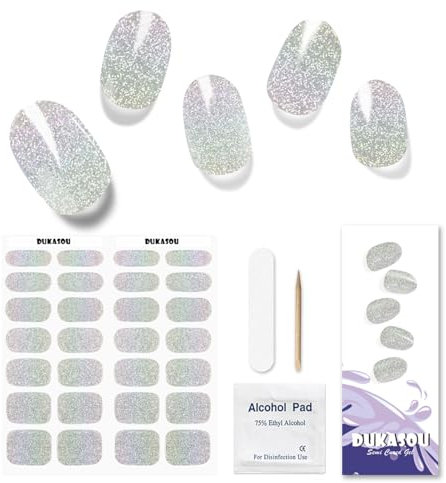 DUKASOU Nagelfolie UV Härtend - 28 Stück UV Gelfolien,Einfach und Bequem UV Gel Strips DIY Gel Nail Sticker ist ein Geschenk für Anfänger, um Nägel zu dekorieren(Silberner Glitzer)