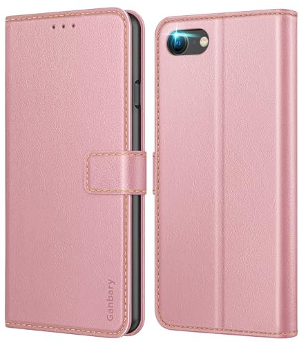 Ganbary Coque pour iPhone SE 2022 5G/SE 2020/7/8, [Housse en Cuir PU Premium] [Etui à Rabat] [Pochette de Portefeuille], Étui de Protection pour iPhone SE 2022 5G/SE 2020/7/8 - Rose
