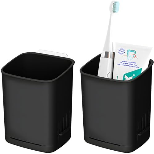 2 Packs Wall Mounted Toothbrush Holders, Self Adhesive Bathroom Toothbrush Wall Holder for Electric Toothbrush, Toothpaste, Razor,Shower Item (Black)