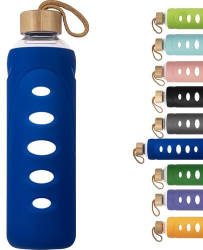 Ferexer Sport Bouteille d'eau en Verre Borosilicaté 1000ml / 1 Litre, Gourde en Verre avec Housse en Silicone et Bouchon Unique
