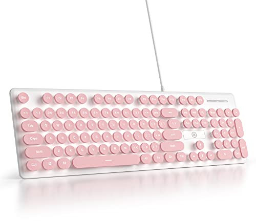 SbocKeeb Typewriter Style Wired Keyboard, 104 Keys Membrane LED Backlight Keyboard American QWERTY Layout with Round Keys for Computer/PC/Laptop/Windows, Pink
