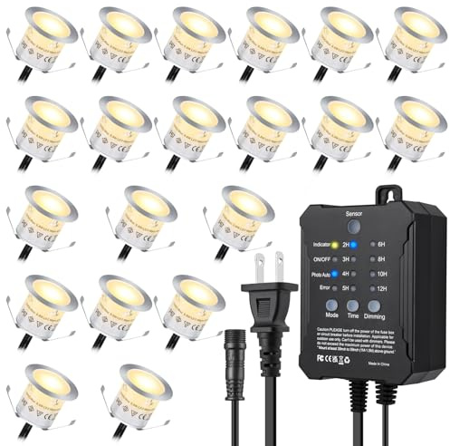 JUABREY Dimmable LED Deck Lights With Timer and Photocell Sensor, 20 Pack Recessed Light Kits, IP67 Waterproof Outdoor Smart Lighting for Garden, Yard, Patio, Step, Floor Decoration