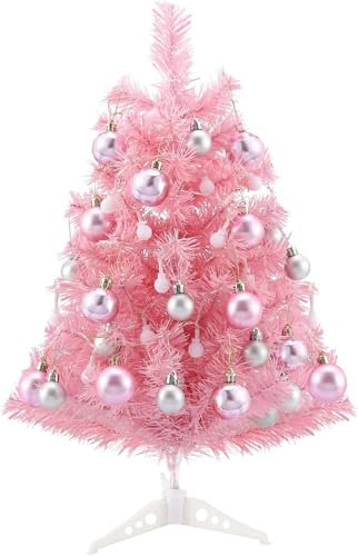 2FT/60cm Small Christmas Tree with Lights, Tabletop Pink Mini Xmas Tree Decorations, Battery Operated Artificial Tree with Ball Ornaments, Pre-lit Miniature Desktop Centerpiece Decor