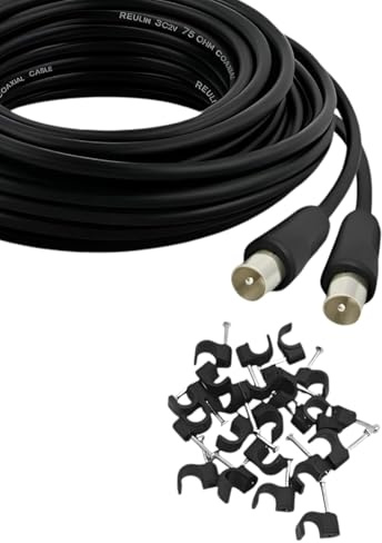 Reulin 1.5M Long TV Aerial Cable, MALE-MALE Antenna Coaxial Wire 1.5 M, Slim 3C2V RF Coax Lead (Black - Nickel Plated, 1.5 Metre)