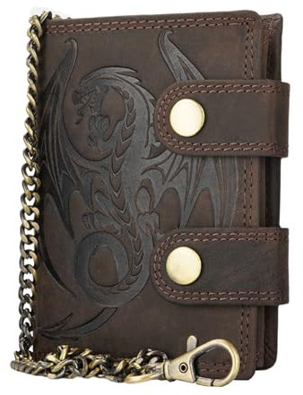 Manza Echt Leder Biker Geldbörse Portemonnaie Geldbeutel Leder mit RFID Schutz Hochformat (Drache, Braun)