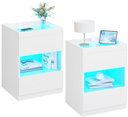 2er Set Nachttisch mit Ladestation und LED-Leuchten, Nachttisch mit 2 Schubladen und 1 offenem Stauraum, Nachtschrank mit 2 USB-Anschlüssen und 2 AC-Steckdosen Nightstand Beistelltisch (2, Weiß)