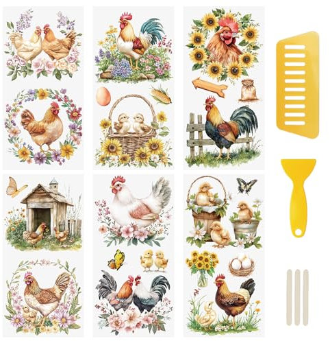 WANDIC 6 x Transfer-Aufkleber, Blumen und Hühner, ländlicher Stil, Elemente, Aufkleber für Möbel und Scrapbooking, 15 x 30 cm