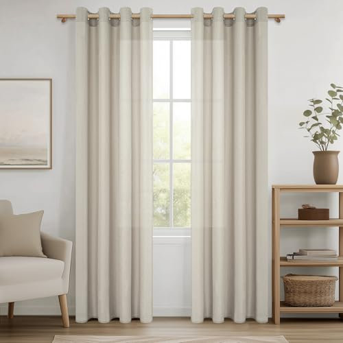 MRTREES Vorhang Beige mit Ösen Leinenoptik Halbtransparent Voile Gardinen Wohnzimmer Modern Ösenschal 2er Set, Vorhänge Schlafzimmer 225 cm Lang 140 cm Breit, Curtains Living Room