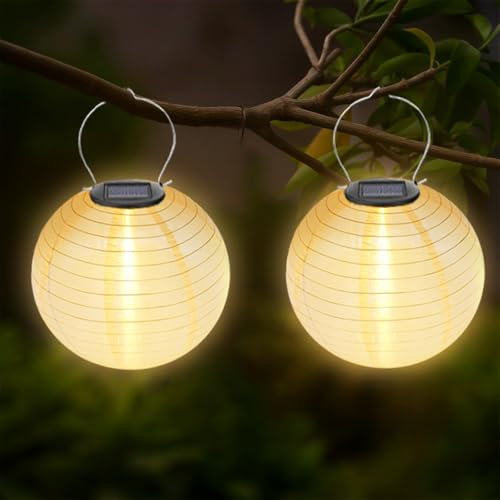 GOMETY Solar Lampion Außen, 2 Stück 30cm Solar LED Laterne Lampions Warmweiß Nylon Wasserdicht Hängende Solarbetrieben Gartenlaterne Beleuchtung für Terrasse Hof Outdoor Hochzeit Festival Dekoration