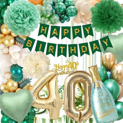 40 Geburtstag Deko Frauen Mann,Geburtstagdeko 40, Grüne Gold Luftballons 40. Geburtstag mit Grüner Happy Birthday Banner,Grüne Weinflasche Grüner Herz-Folienballon,Pompoms für 40.Geburtstagdeko