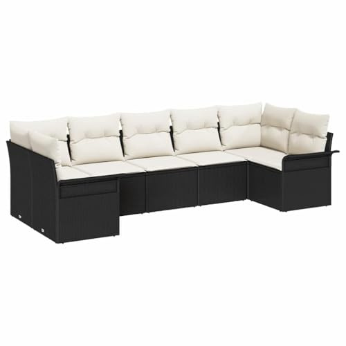 vidaXL Garten-Sofa-Set mit Kissen 7 pcs Schwarz Poly Rattan, Garten und Terrasse, rechteckiges, modulares, Robustes Sofa-Set, verstellbare Füße aus Rattan, Kissen inklusive