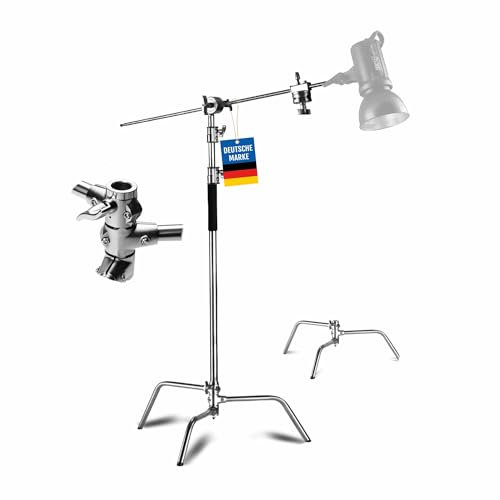 pixly® Galgenstativ aus Edelstahl; Verstellbares Profi C-Stativ mit Galgenarm für Fotostudio & Video; Beleuchtungsstativ mit Schildkrötenbasis & Griffkopf; Lichtstativ 96–260 cm höhenverstellbar