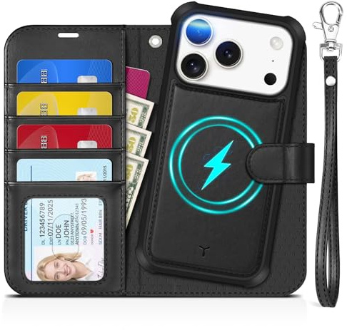 TUCCH Hülle für iPhone 17 Pro 6,3 Zoll 2025, Handyhülle, Schwarz | 2-IN-1, Band, Ständer, Abnehmbar, Magnetische Klapphülle, Kabelloses Laden, RFID-Blocker, 4 Kartenfächer, PU Leder