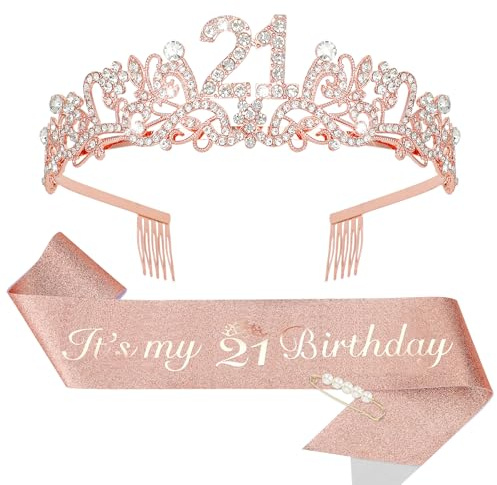 KIUEZIR 21. Geburtstagskrone & Schärpe Set in Roségold - Haltbare Legierung & Strass Blumen Tiara Diadem mit Anti-Rutsch Kämmen, Glitzer Schärpe & Perlen-Stecknadel für Deko 21 Geburtstag