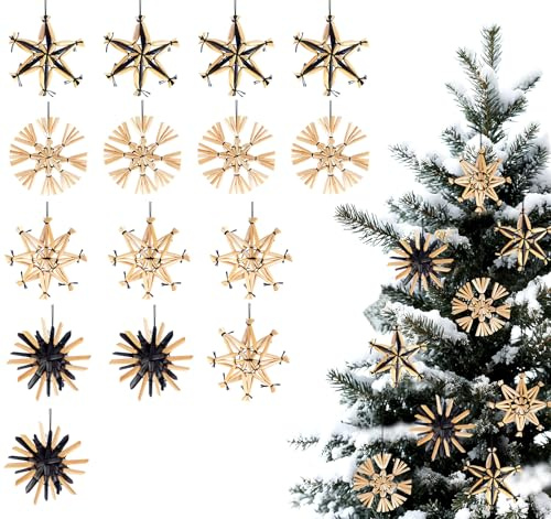 15 X Strohsterne Christbaumschmuck 6cm Weihnachtsbaumanhänger Handgemacht Weihnachtsbaum Deko mit Natürlichen Akzenten für Weihnachtlicher Baumschmuck und Urban-Industrial