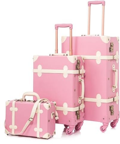 Unitravel Lot de 3 Valises Vintage Féminines en Cuir PU, Valise Rétro avec Trousse de Maquillage, Serrure TSA, Rose Clair