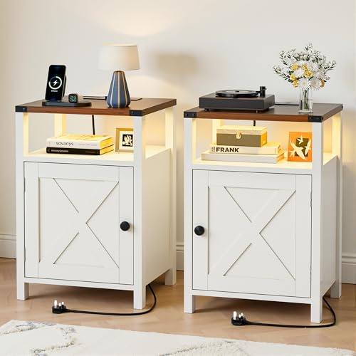 BonVache Bedside Table Set of 2 with LED Lights, Bed Side Table with Charging Station, Wooden Nightstand with Open Shelf, Spacious storage, Country Style, White