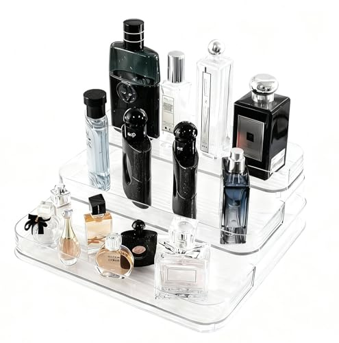 3 Tier Acrylic Display Stand, Perfume Organiser Stand, Cologne Trinket Display Shelf for Collectibles, Craft Fairs, Makeup, Pop Figures, Jewelry, Cupcake, Display Risers Stand Holder, Transparent
