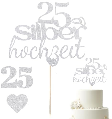 Silberhochzeit Deko, Tortendeko Hochzeit Papier Cake Topper, Elegante Tortendeko Silberhochzeit mit Zahl 25, Für Kuchen Cupcakes 25. Hochzeitstag Feier