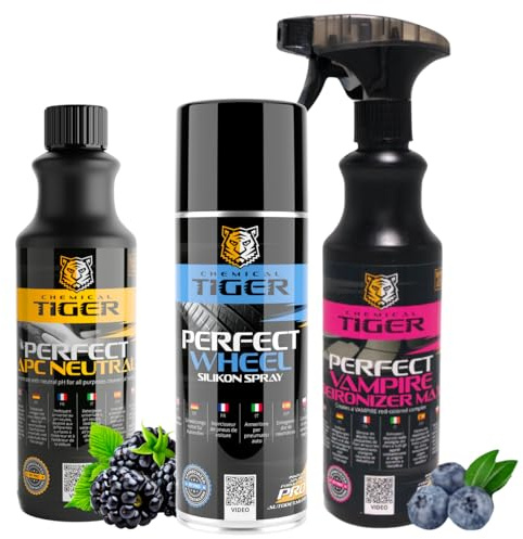 CHEMICAL TIGER - Set per la cura di cerchioni e pneumatici, 3 pezzi: Detergente per cerchioni + spray lucidante per pneumatici + detergente per interni ed esterni dell'auto - Cura i Cerchioni