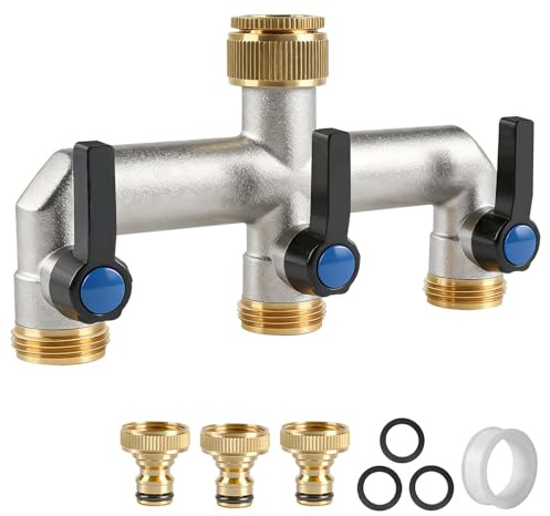 EXLECO 3 Wege Wasserverteiler G3/4 Wasserhahn Ventil mit 1/2 Adapter | Wasseranschluss Verteiler mit Metall Griff, Gartenwasserhahn Anschluss, Messing Schlauchverbinder für Hof Waschmaschine