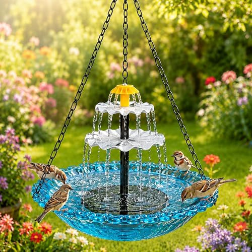 Vogeltränke Hängend mit Solarbrunnen,Vogeltranke mit Solar Springbrunnen,3 StufigSolarbetriebenes Vogelbad,Vogel Wassertranke mit Metallketten furGarten Hof Terrasse fur Vogeltranke,Gartendekoration