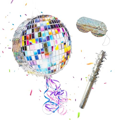 Relaxdays Pinata Diskokugel, mit Stab & Maske, Partypinata Kinder, Geburtstagspinata, zum Befüllen, DxT: 30x8 cm, Silber