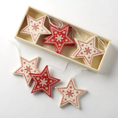 Heaven Sends - Scatola con 12 decorazioni in legno per albero di Natale, a forma di stella, stile vintage, colore: rosso/panna