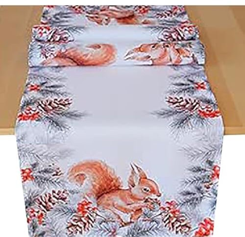 KAMACA Tischläufer 40x140 cm rechteckig hochwertige Tischwäsche mit Tannenzapfen pflegeleicht, strapazierfähig, maschinenwaschbar dekorative Herbst-Tischdeko (Eichhörnchen mit Nuss)