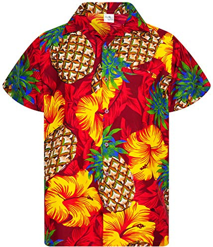 King Kameha Funky Hawaii-Hemd, Herren, Kurzarm, Pineapple-Hibiscus, Rot, XXL