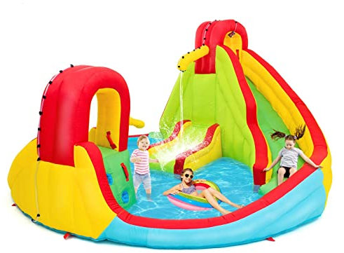 GYMAX Kids Bouncy Castle, Inflatable Double Slides Water Park with Climbing Wall, Water Gun and Carry Bag, Indoor Outdoor Activity Center for 3-10 Years Olds, 480x420x233cm