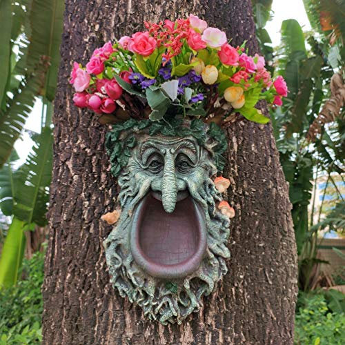 Big Mouth Old Man Tree Face Sculpture, Flower Planter Pot Hand-Painted Greenman Tree Peeker Bird Feeder Garden Decor and Yard Art. -10'' H