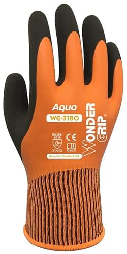 Wonder Grip Aqua Orange WG-318O Arbeitshandschuhe Wasserdicht, Wasserabweisend, doppelter Latexbeschichtung, Anti-Rutsch für sicheres Greifen bei Nässe und Feuchtigkeit (8 / M)