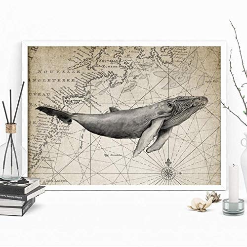 Bilder,Poster,Buckelwal Drucken Wal Illustration Vintage Poster Marine Dekor Nautische Kunst Leinwand Malerei Bild Wandkunst Dekor, Ästhetisch Für Schlafzimmer Wände-40X60Cm