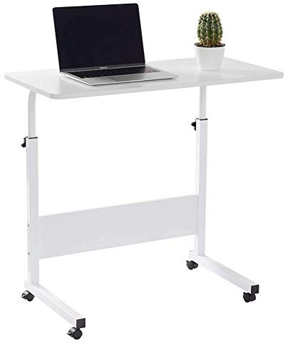 Warmiehomy Laptop Table Movable Study Writing Table on Wheels Height Adjustable Computer Standing Desk Portable Side End Table for Over Bed Sofa Reading Eating, 60 x 40cmx(72-94) cm, White