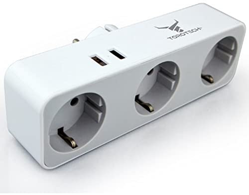 TOROTECH Ladron Enchufes USB 5 en 1 - Regleta 3 Enchufes 2 Tomas USB - Enchufe Multiple Pared - Hogar Viaje Moviles, PC - Certificado CE/ROHS - Alargador Adaptador Plano Proteccion Sobretension