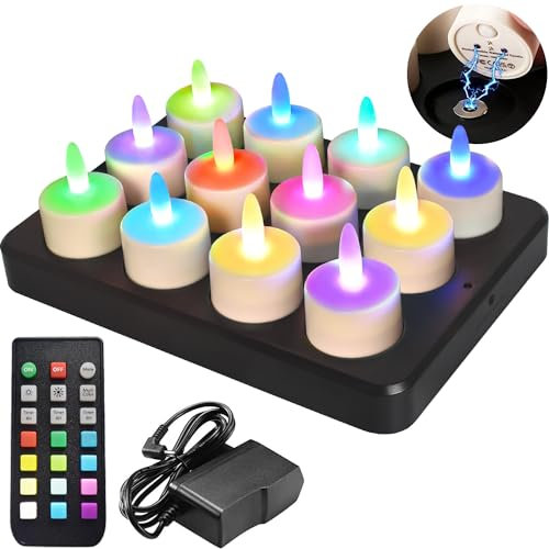 idyl light Wiederaufladbare LED Teelichter mit Fernbedienung, 55 Flackernde Stunden Brenndauer, Wasserdichte Flammenlose Kerzen mit Timerfunktion für Party Familie Heimdekoration, 12 Stück, RGB