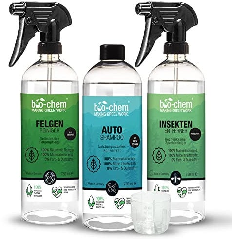 bio-chem Auto Reinigungsset Aussen Basic 3-teilig - für kraftvolle & lackschonende Reinigung Aller KFZ-Oberflächen - Auto-Shampoo, Insektenentferner, Felgenreiniger - Made IN GER