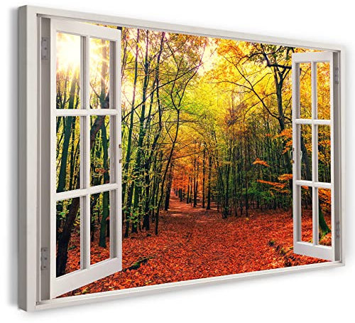 Printistico Bilder Fensterblick 80x60cm Baumwoll-Leinwand auf Keilrahmen mit Aufhänger moderner Kunstdruck XXL Wandbilder Wand-Dekoration Bunter Wald Herbst Sonne Weg Natur - Natur-Fotografie