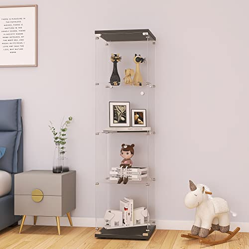 LFT HUIMEI2Y Glass Display Cabinet with Door & Lock, 4-Tier Curio Cabinet for Collectibles, Figures, Wine, Tempered Glass Display Case for Living Room Bedroom Office, 65”x 17”x 14” Black