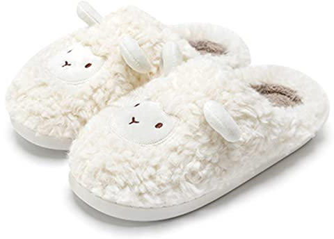 ZNEL Unisex- Herren und Damen Cartoon niedlich und gemütlich weich Flauschigen Plüsch Cosy Schaf Hausschuhe Indoor/Outdoor rutschfeste Pantoffeln,Weiß,38~39